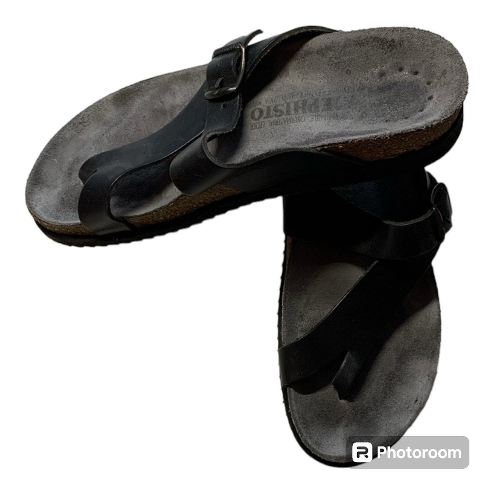 MEPHISTO Helen Slip-On Black Leather Sandals - Picture 1 of 6